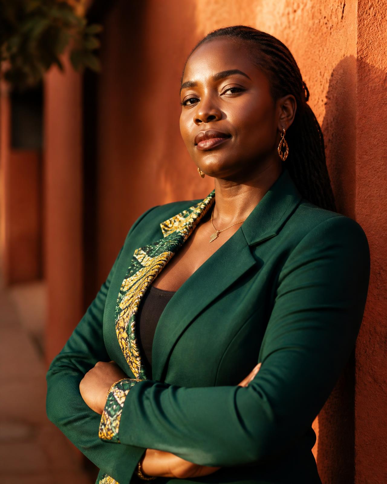 Adja, entrepreneure sénégalaise en veste émeraude à motifs wax, bras croisés et regard vers l'objectif, devant un mur en terre cuite éclairé au soleil couchant à Dakar.
